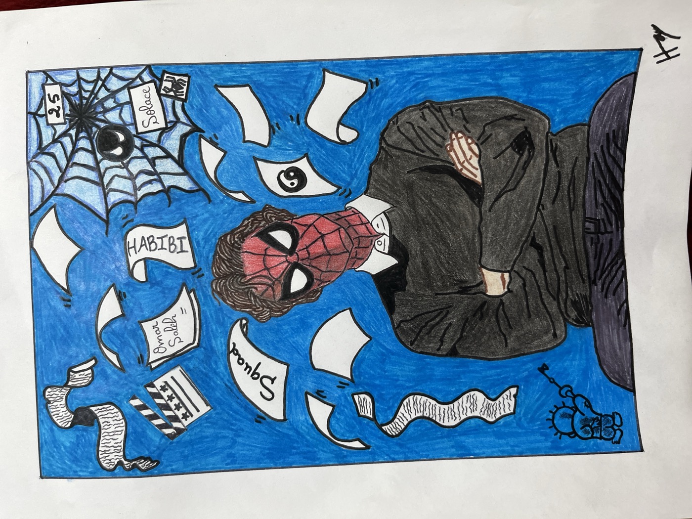 Blue fan artwork of Omar as Spider Man surrounded by pages